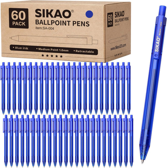 Blue Pens | 60 Pack Retractable Ballpoint Pens Multipack | Blue Ink Medium Point 1.0mm | Smooth Writing Ball Point Pens | School Office Supplies, Box of Pens Bulk (Blue Ink)