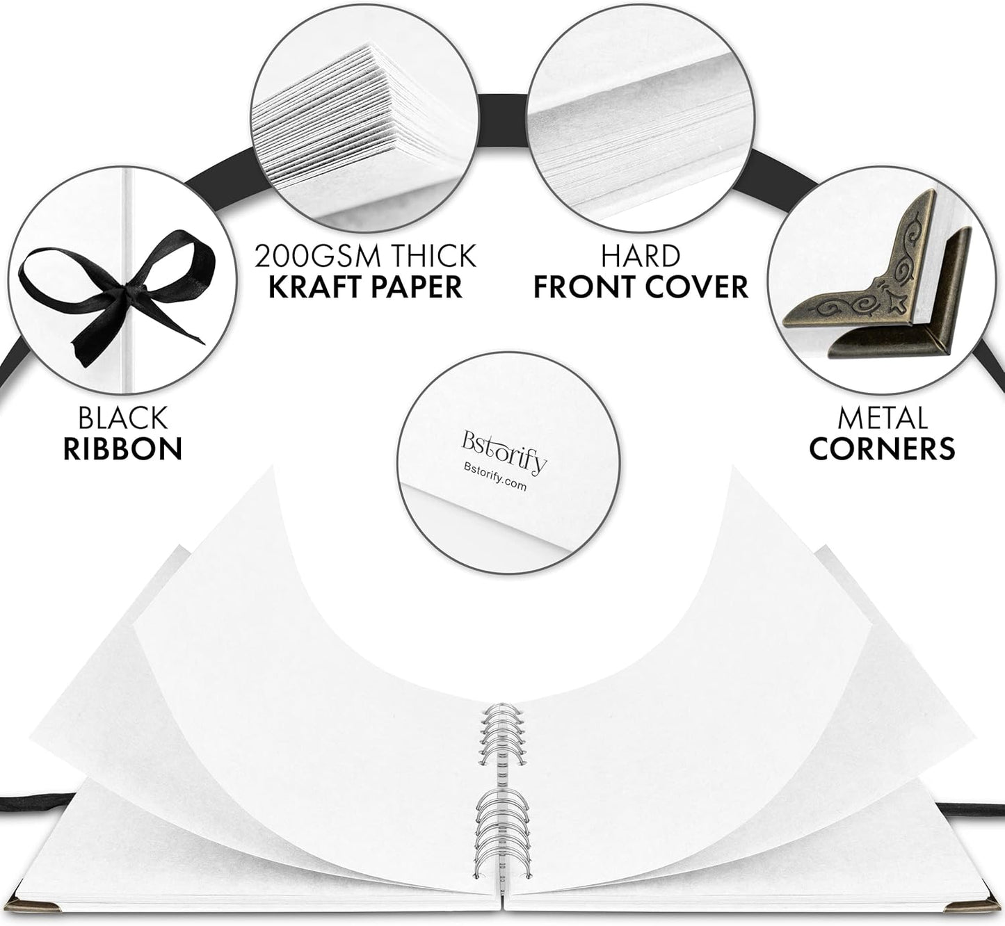 Bstorify Square Scrapbook Photo Albums 60 Pages (8 x 8 Inch) White Thick Paper, Hardcover, Metal Corners, Ribbon Closure - Ideal for Your Scrapbooking Albums, Art & Craft Projects (8 x 8 Inch, White)