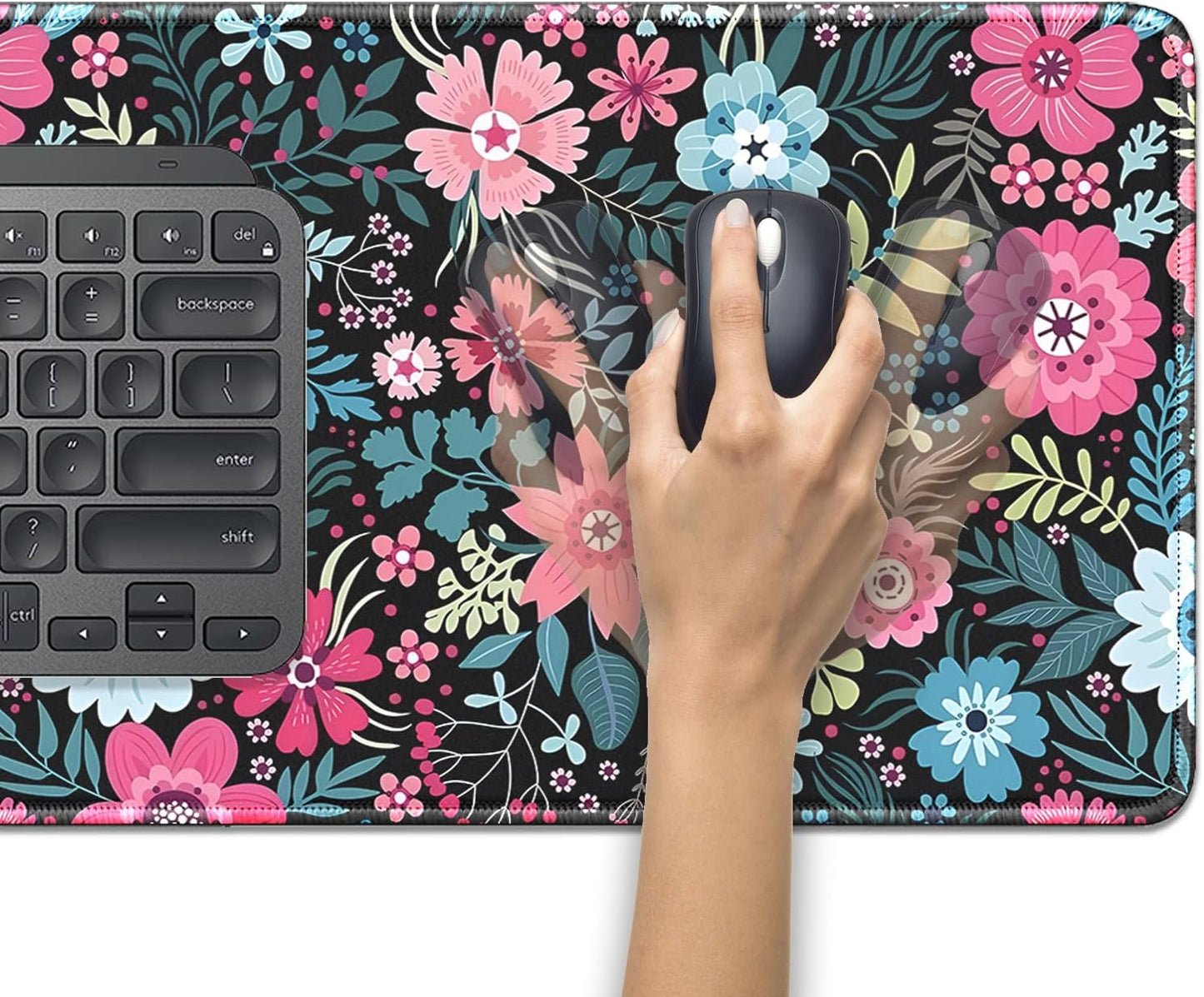 Retro Flowers Mouse Pad,Large Vintage Floral Mousepad Desk Pad with Stitched Edges,Non-Slip Waterproof Rubber Base Mouse Mat for Office Computer Keyboard Laptop Home(27.5x11.8 in)