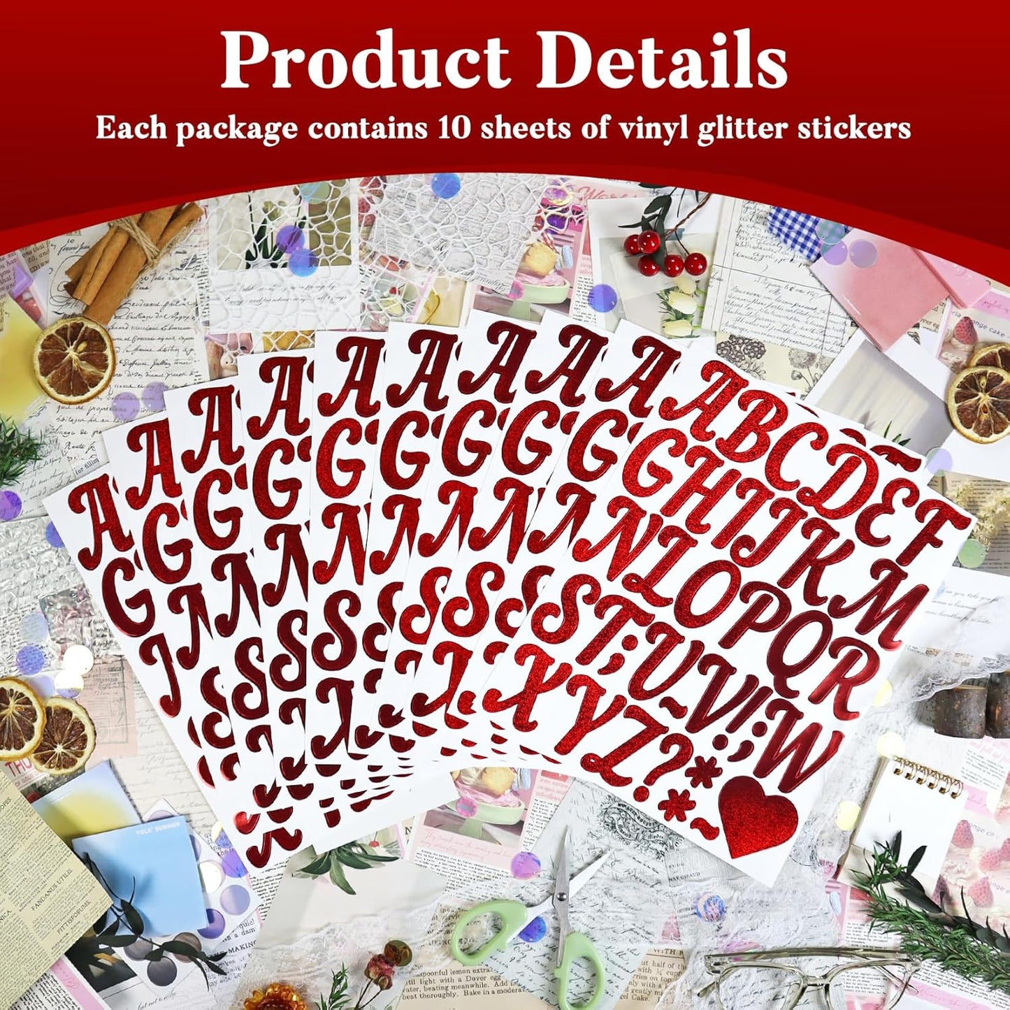 Glitter Letter Stickers,10 Sheets 2 Inches Self-Adhesive Vinyl Letters Alphabet Sticker Decals for Scrapbook,Door,Mailbox,Bulletins Boards -Red