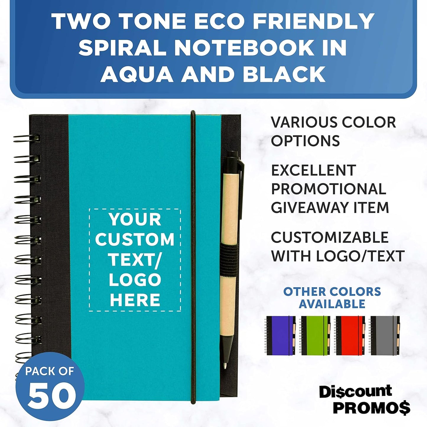 DISCOUNT PROMOS Custom Eco-Friendly Spiral Notebooks with Pens – Set of 50, Perfect for Mother’s Day Gift – Bulk Pack for School, Office, or Home – Black