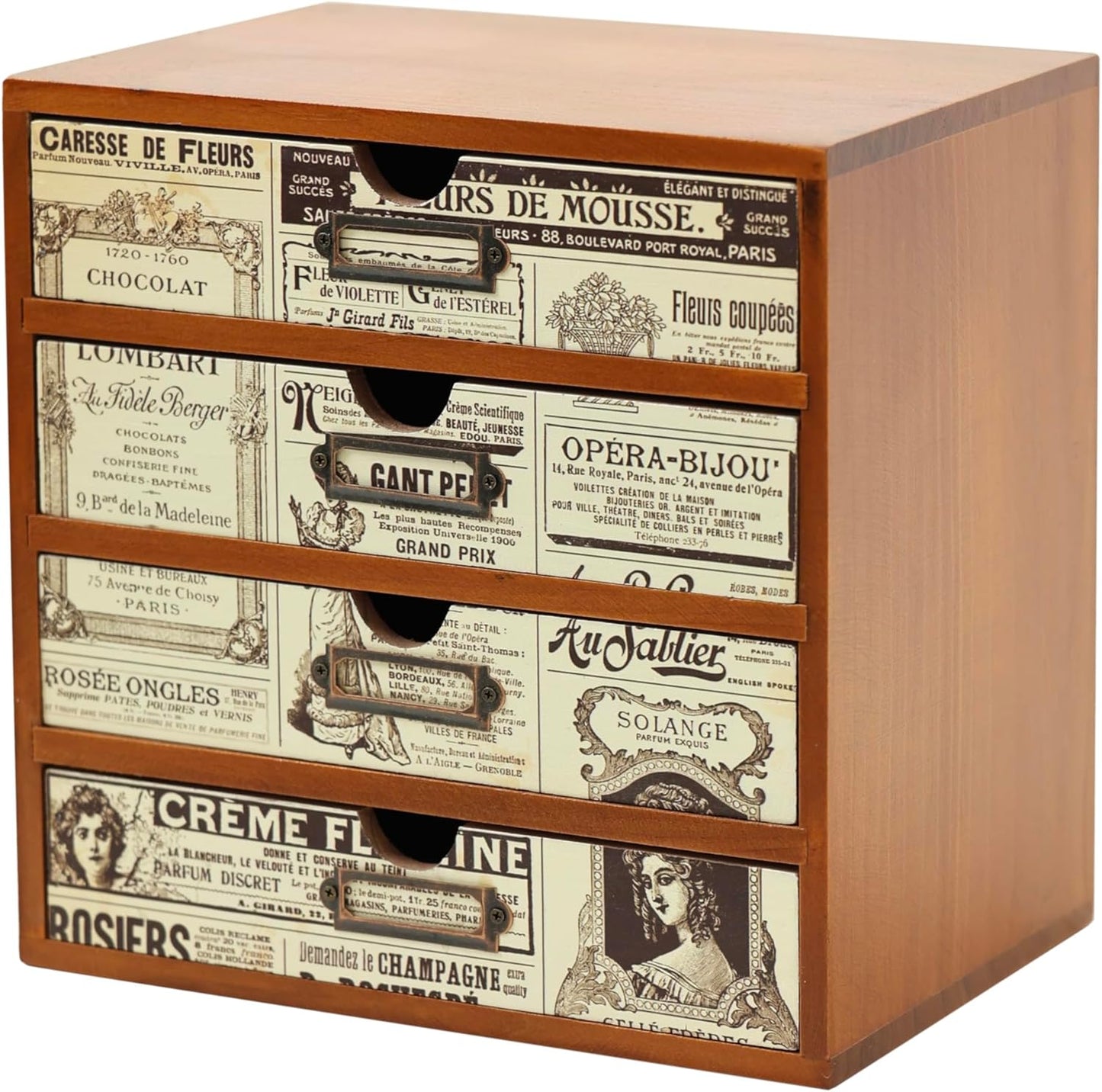 4-Drawer Vintage Ephemera Pattern Desktop Organizer - Arts and Craft Newspaper Design Desk Storage Cabinet - Ephemera Wood Shelf Drawers with Label Holders - Scrapbook Collecting