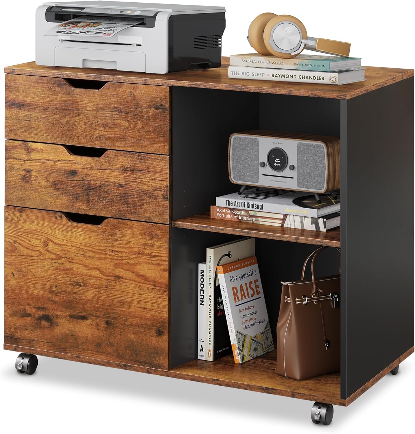 DEVAISE 3-Drawer Wood File Cabinet, Mobile Lateral Filing Cabinet, Printer Stand with Open Storage Shelves for Home Office, Rustic Brown