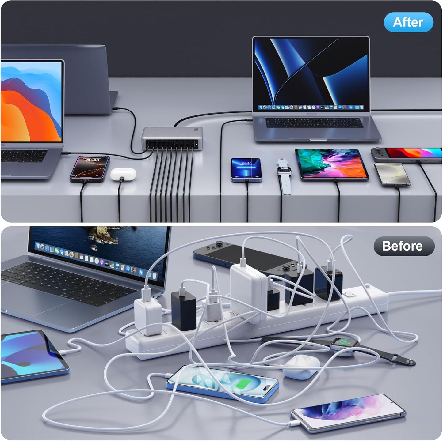 730W USB C Charger Block,10-Ports GaN V Fast Charging Station Hub,QC4.0+3 PD 100W Laptop Charger Wall Power Adapter for MacBook Pro/Air,DELL,iPhone 16/15/14/13,iPad,Galaxy S25,Pixel,Steam Desk-Silver