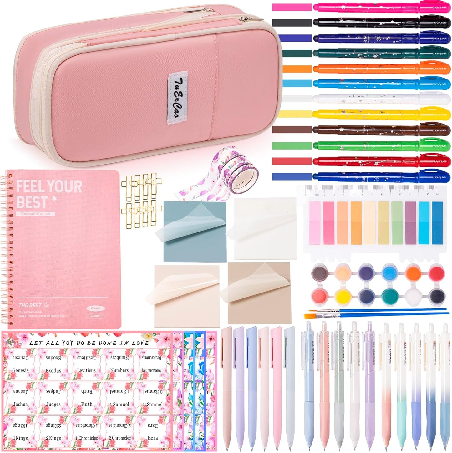 TuErCao Christian Gifts for Women - Bible Study Kit Includes Pencil Case, 12 Non Bleed Highlighters, 75 Bible Tabs, Washi Tapes, 16 Pens- Perfect Bible Journaling Supplies, Elegant Pink & Beige