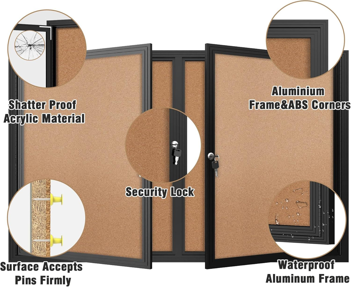 48"x30" Enclosed Bulletin Board, Outdoor Lockable Weather-Resistant Aluminum Cork Noticeboard for School & Office,Black Frame w/Cork