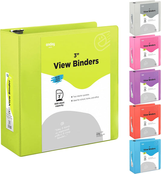 3 Slant D-Ring Binder 3 Inch Green, 3 in Clear View Cover with 2 Inside Pockets Binder, Heavy Duty Colored School Supplies Binders,Also Available in Red, Grey, Purple, Blue, Pink (24 PC) – by Enday