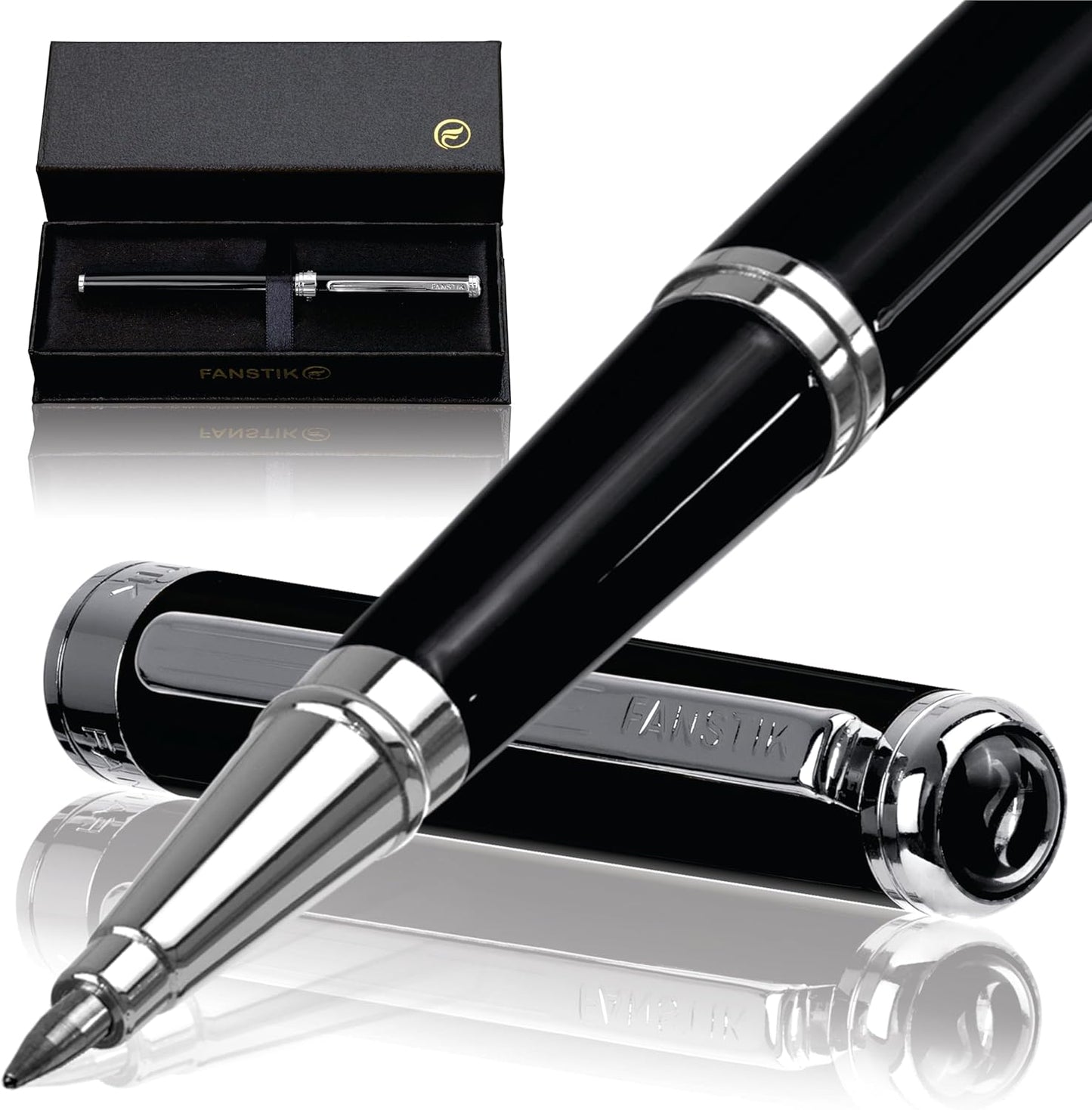 Customized Black & Silver Luxury Rollerball pen (Made In USA) fancy gift set for women, Real 24K Gold Plating, Professional executive pen gift set for men (Lux Custom-Rollerball Black-Silver)
