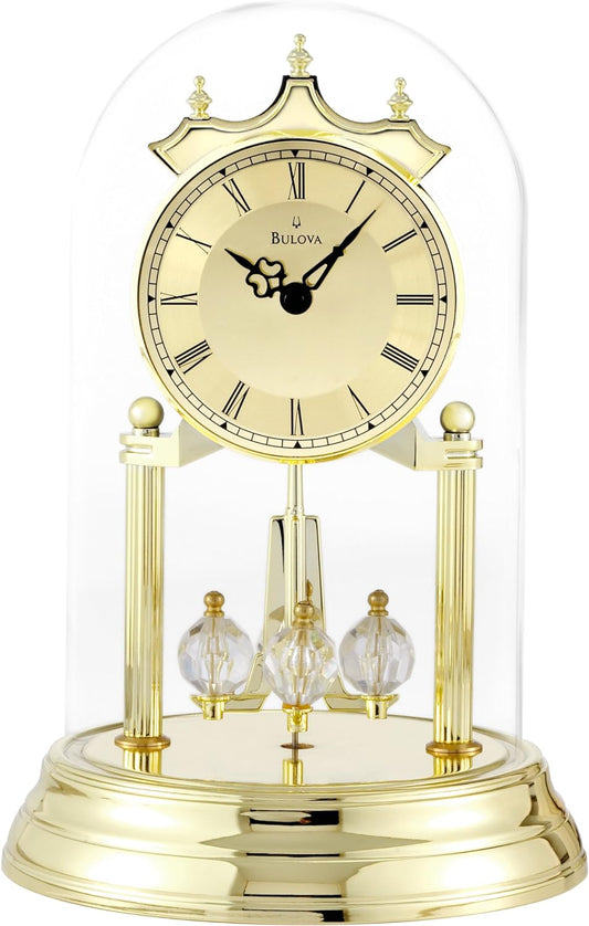 Bulova Tristan I Desk and Table Clock | Model B8818 | Polished Brass Finish | Polished Metal Base | Floating Dial | Roman Numerals | Elegant Pendulum Design