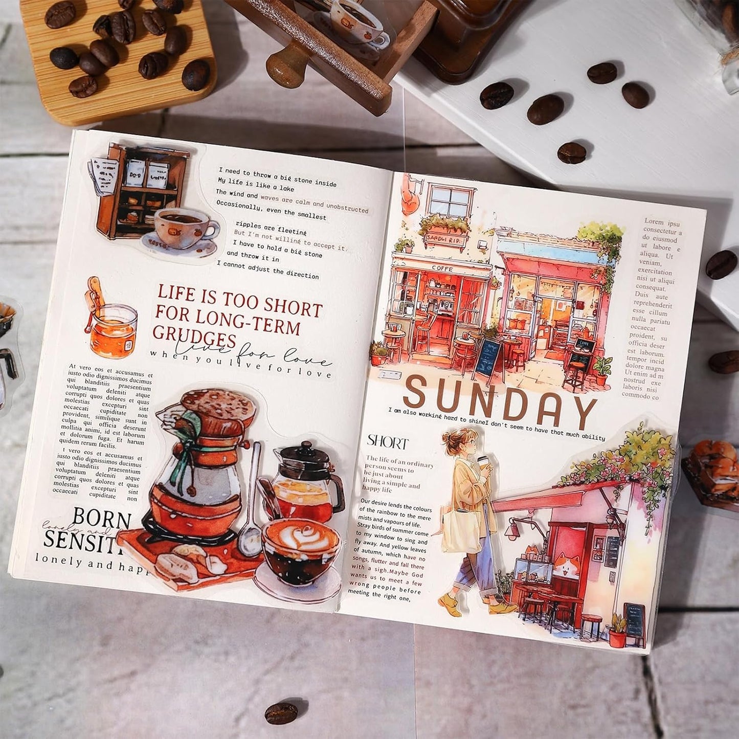 Coffee Memories PET Stickers, 120 PCS Vintage Cafe Scene Stickers for Scrapbook, Journals, Planners and DIY Craft Decoration