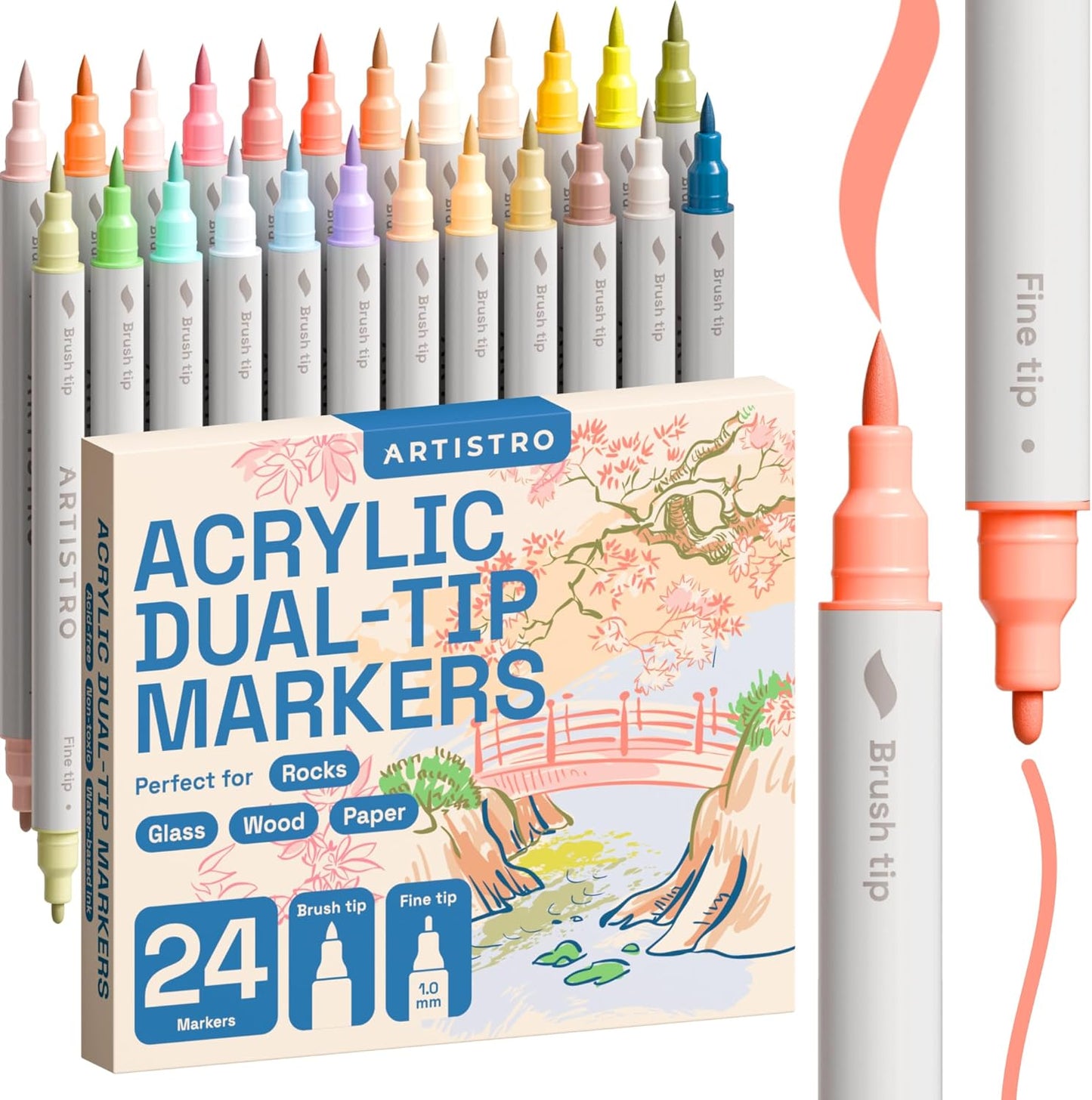 ARTISTRO 24 Pastel Dual-Tip Acrylic Paint Markers - Brush + Fine Tip Combo - Multi-Surface Paint Pens in Soft Colors