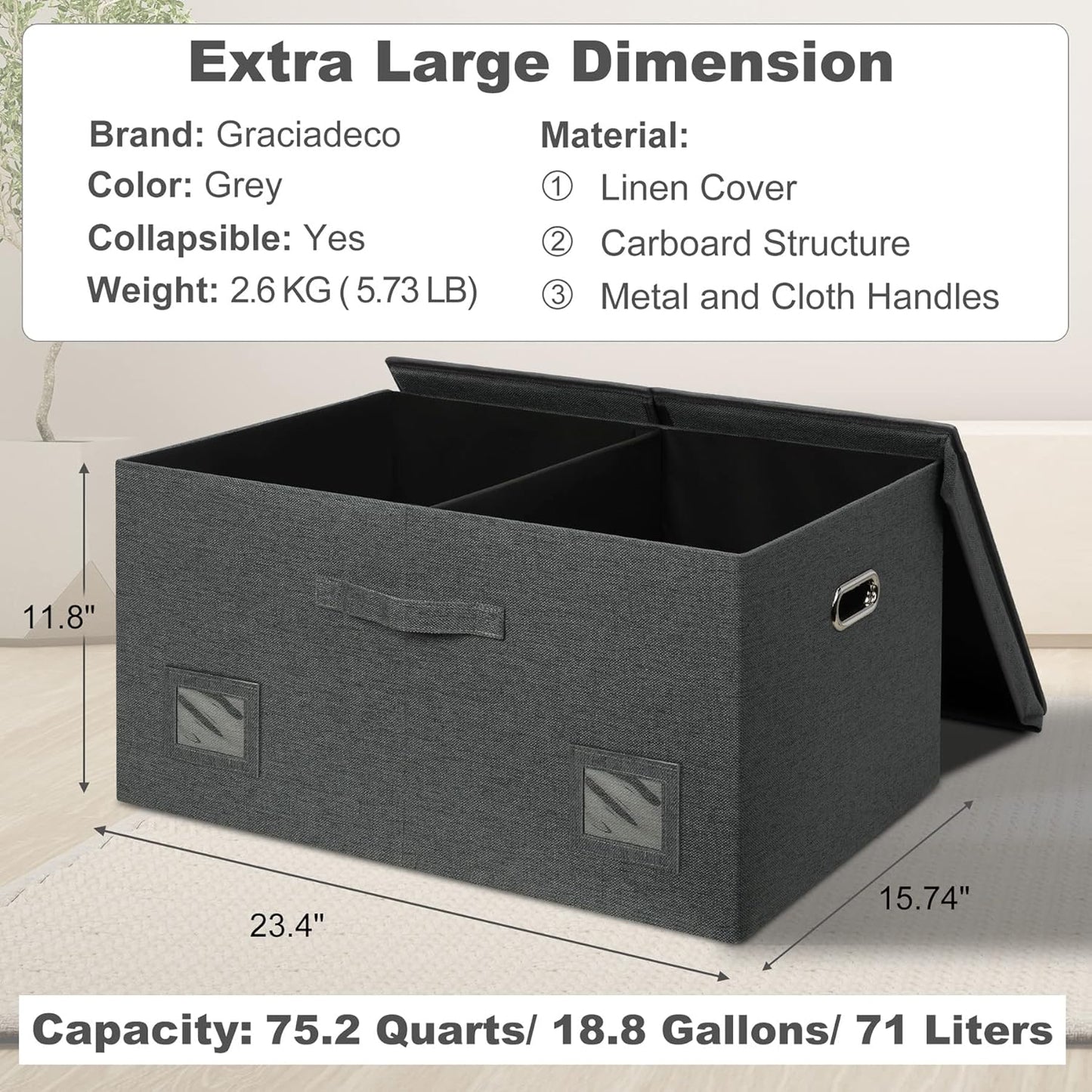 75 Quarts Extra Large Decorative Storage Bins with Lids, 3 Packs Dark Gray Collapsible Storage Bins with Lids, Stackable Storage Bins Decorative Box Storage With Lid Extra Large
