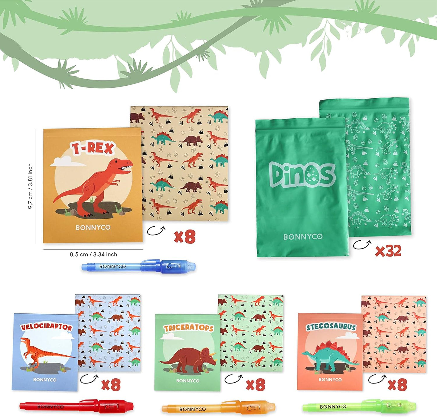 BONNYCO Invisible Ink Pen and Notebook Pack 32 Dinosaur Party Favors for Kids, Magic Spy Pen Goodie Bags Stuffers for Kids, Dinosaur Birthday Party Supplies, Goody Bag Stuffers Return Gifts Prizes