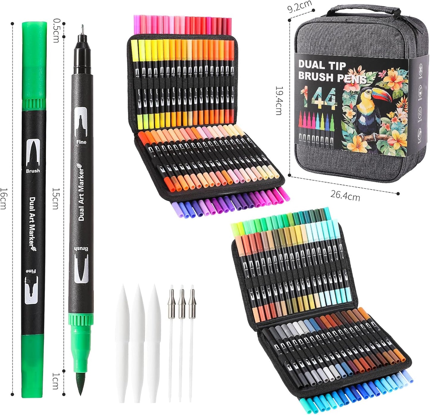 Double Brush Marker Pens, 144 Colors Art Markers Set with Fine Tip and Brush Tip for Kids Adult Coloring Book Hand Lettering Calligraphy Drawing Art Supplies Kit
