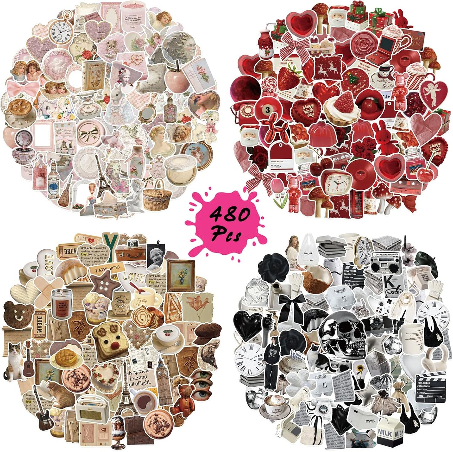 480 Pcs Vintage Aesthetic Stickers for Scrapbooks Laptop Water Bottles Skateboard Notebooks Phone Kindle, Cute Vinyl Stickers for for Kids Teens Adults Girls