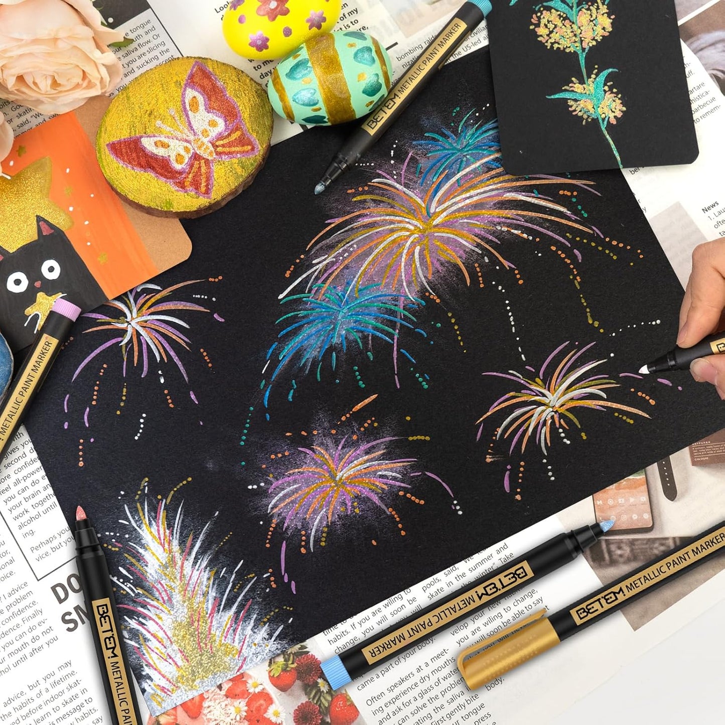 Betem Metallic Paint Markers, 10 Colors Acrylic Paint Markers for Black Paper, 2mm Medium Tips Metallic Glitter Pens for Scrapbooking, Rock Painting, Greeting Cards, Photo Albums, DIY Art Crafts