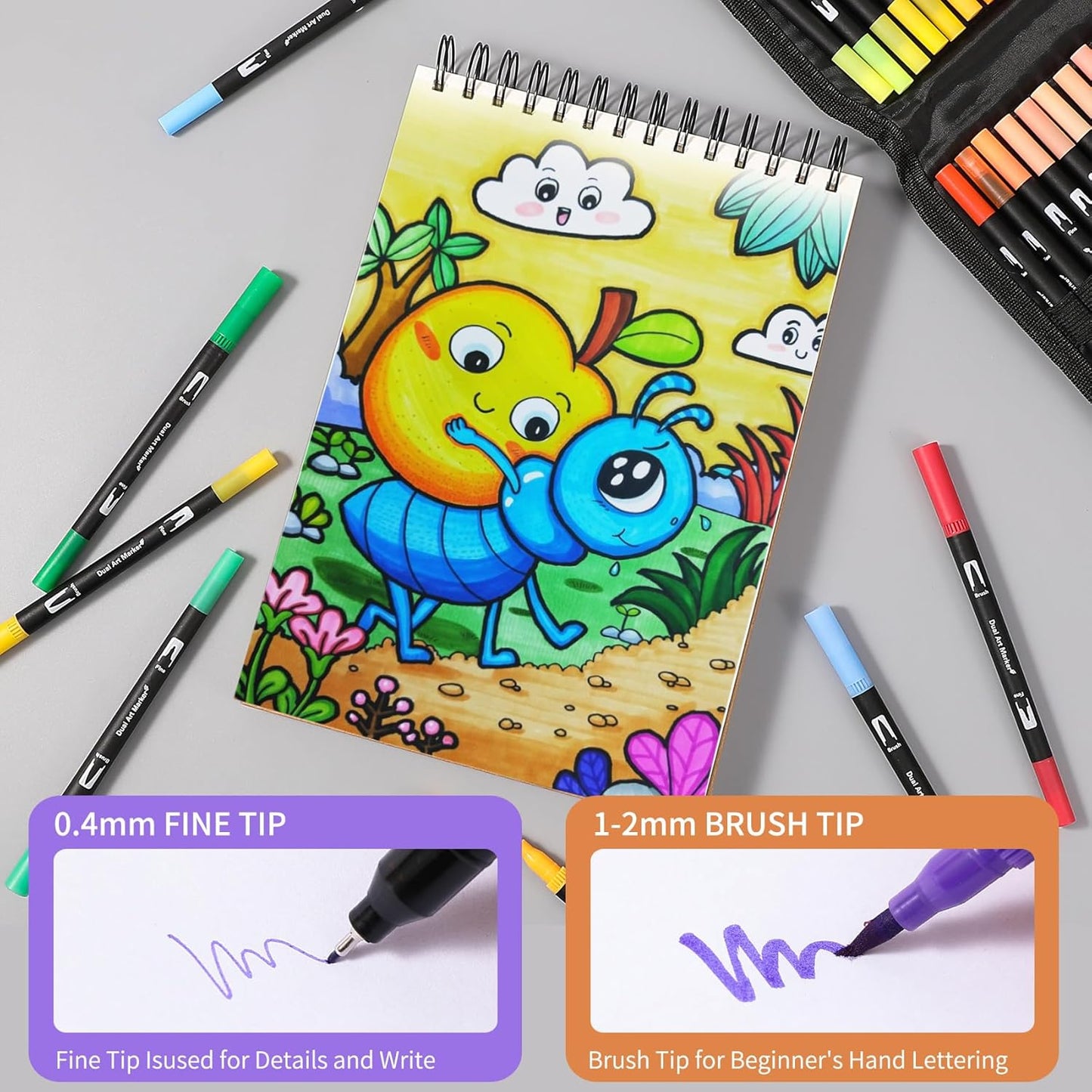Double Brush Marker Pens, 100 Colors Art Markers Set with Fine Tip and Brush Tip for Kids Adult Coloring Book Hand Lettering Calligraphy Drawing Art Supplies Kit