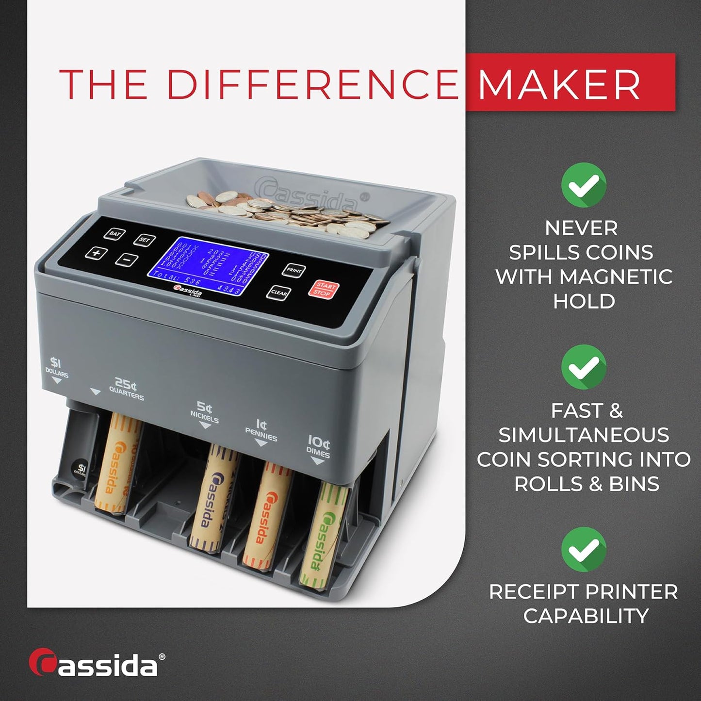 Cassida C300 Professional USD Coin Counter, Sorter and Wrapper/Roller, 300 coins/min, with Quickload and Printing-Compatible,Gray