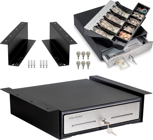 Cash Register Drawer with Under Counter Mounting Bracket - 13" Black Cash Drawer for POS, Stainless Steel Front, 4 Bill 5 Coin, Fully Removable 2 Tier Cash Tray, 24V RJ11/RJ12 Key-Lock, 2 Media Slots