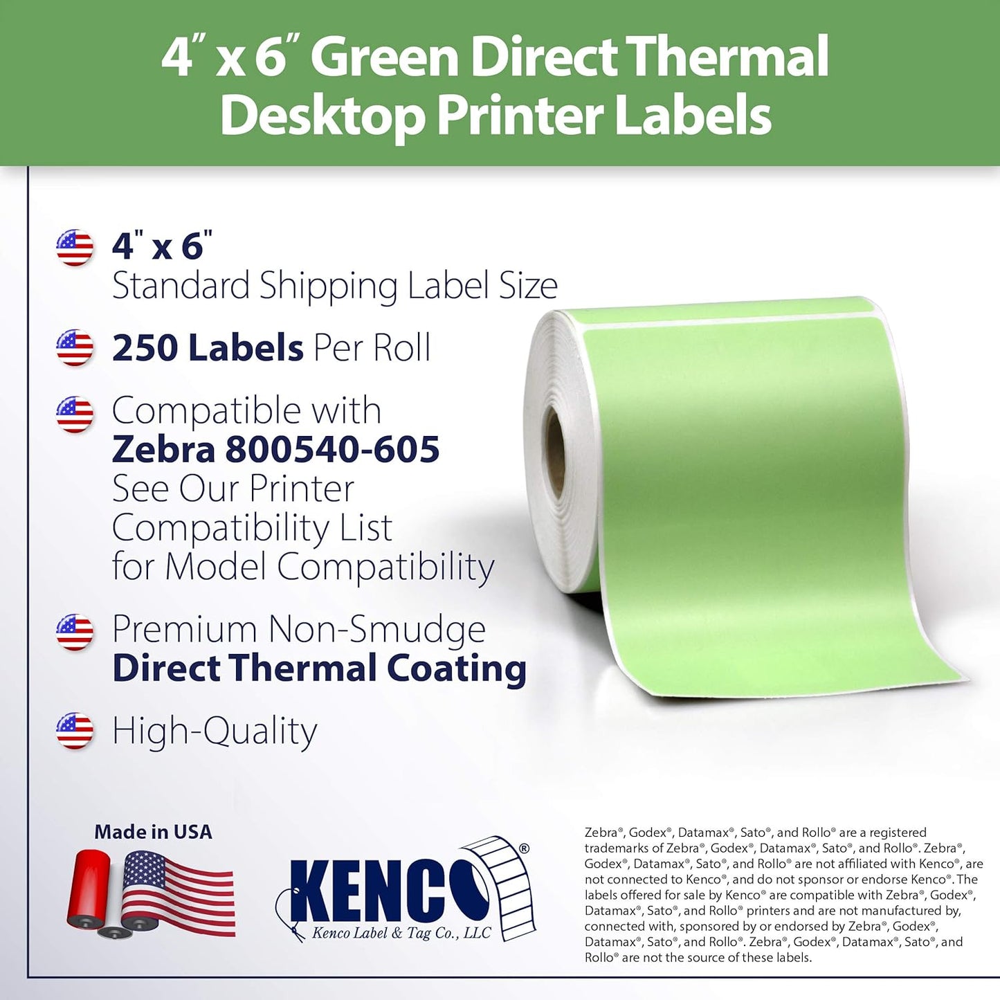 4" X 6" Direct Thermal Perforated Stickers Labels for Shipping Labels, Inventory, and Color Coding - Compatible with Zebra, Rollo, Godex and More (Green, 48 Rolls)