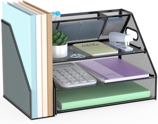 DocNest 3 Tier Paper Letter Tray, Metal Mesh Desk Organizer with Handle Builtin Pen Holder Space Saving Desktop File Storage for Office Supplies Black