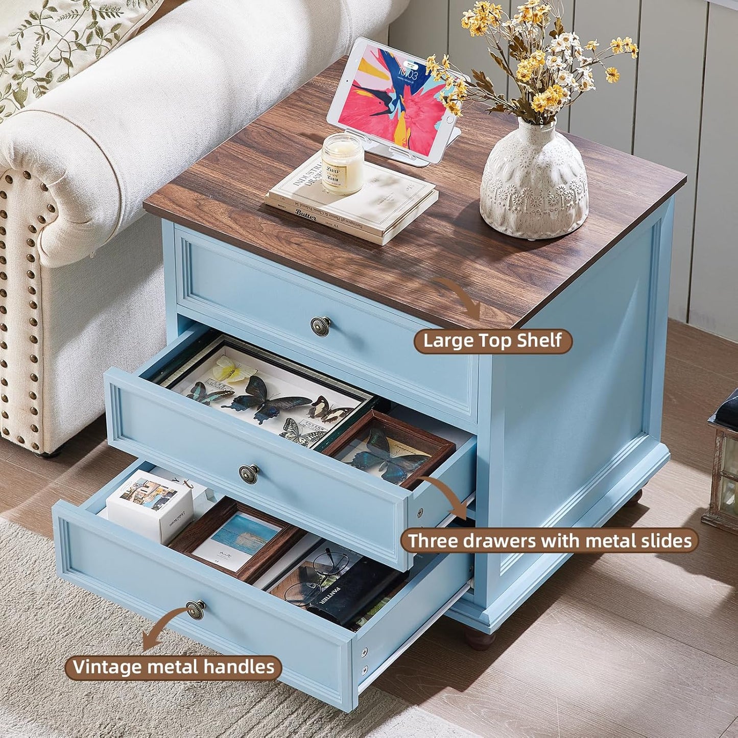 24" Wide Farmhouse Night Stand,Large End Table with 3 Drawers & Metal Handle,Light Blue Wood Dresser for Bedroom Cabinet, Bed Side Tabl·e Chest of Drawers,Nightstand for Living Room,Close
