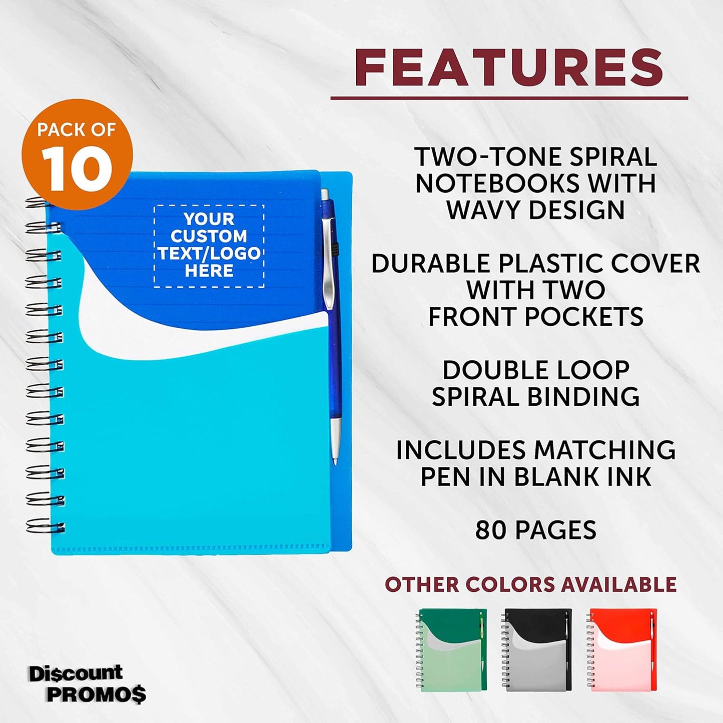 DISCOUNT PROMOS Custom Spiral Notebooks with Front Pocket Set of 10, Personalized Bulk Pack - Durable Plastic Cover, Includes Matching Pen in Blank Ink, Perfect for School, Office, Home - Blue