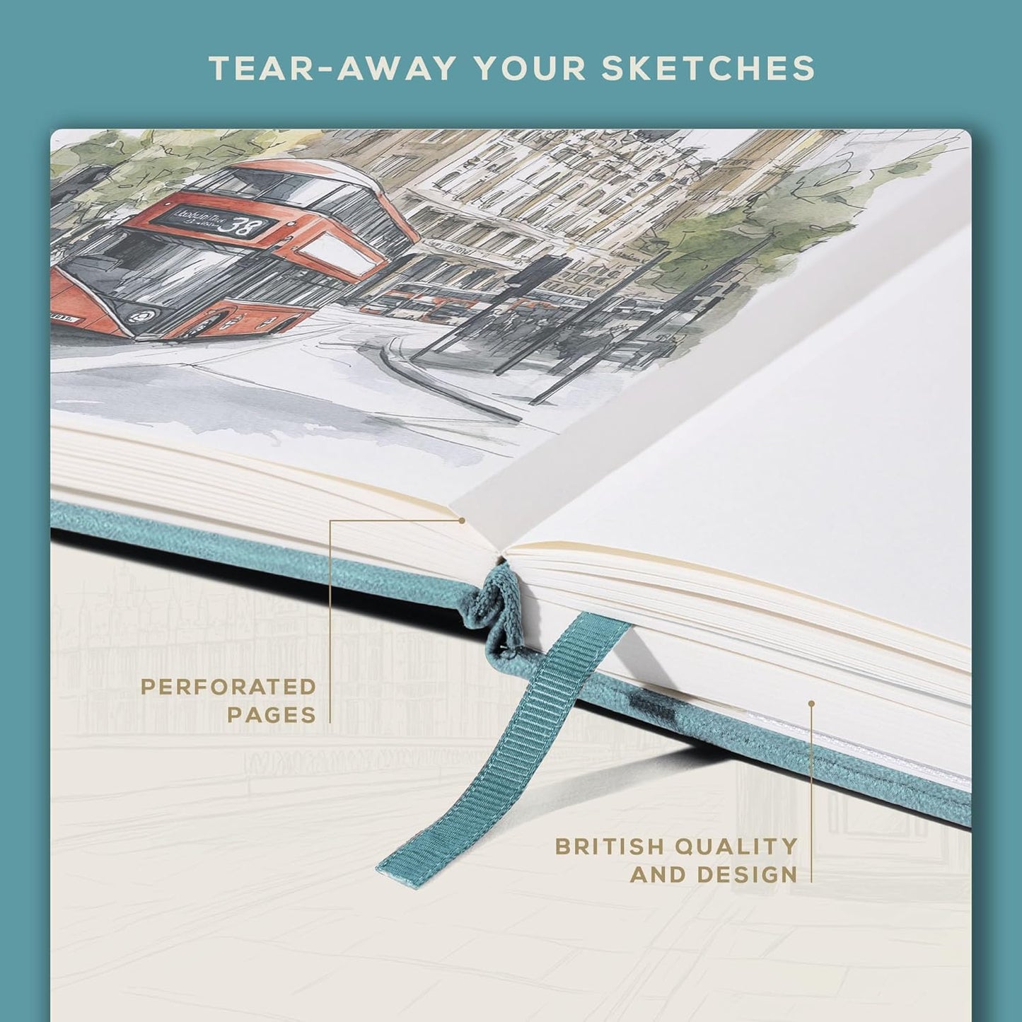 BEECHMORE BOOKS A4 Sketchbook – 8.5x11 Premium Vegan Leather Bound Large Sketch Book Hardcover With 156 Thick 160gsm Perforated Ivory Pages, Blank Sketch Pad, Gift Boxed, Back Pocket, Ribbon Bookmark