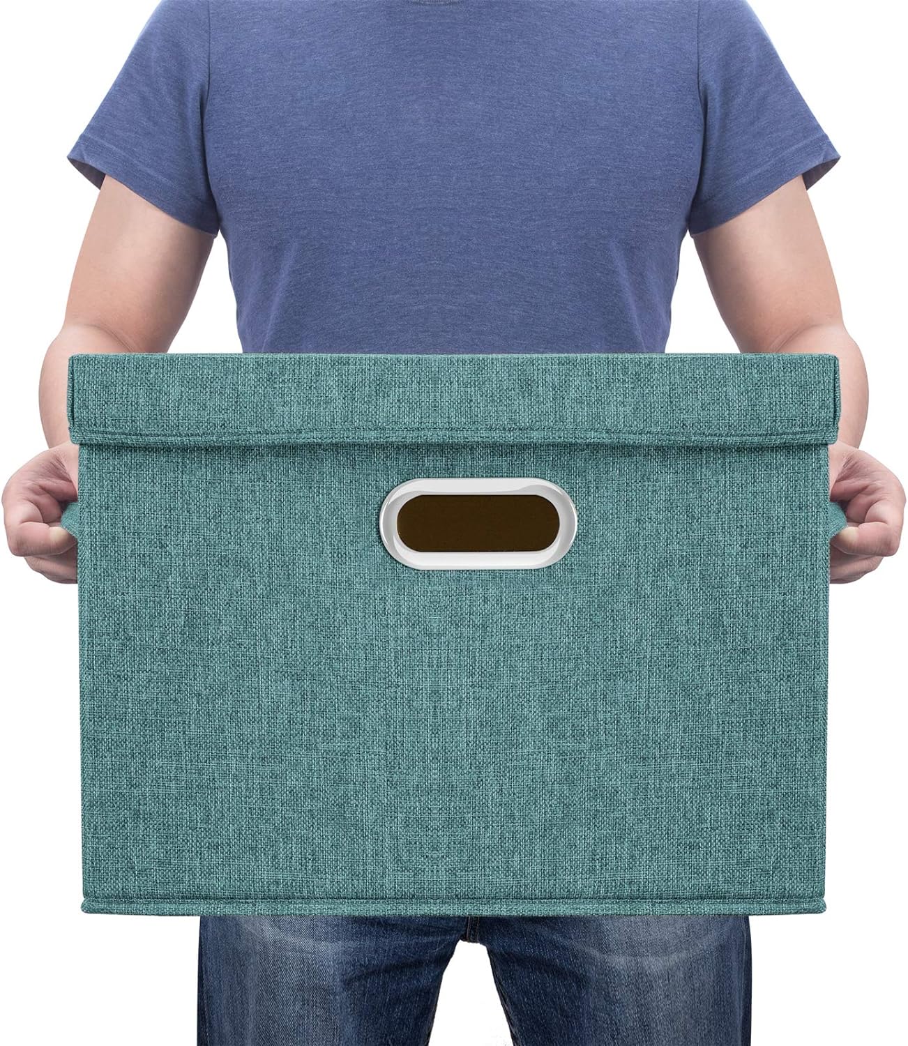 TYEERS Large Storage Bins with Lids, Collapsible, Washable, Fabric Storage Boxes for Organizing, 17.3x11.8x11.4 inches, 5 Pack, Aqua Deep