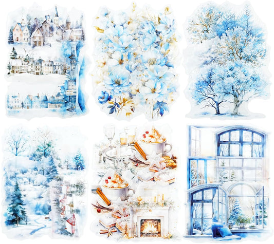 60Pcs Snow Country Winter PET Stickers, Large Landscape Stickers for Scrapbooking, DIY Crafts, Journaling, and Junk Journal Ephemera with Organizer