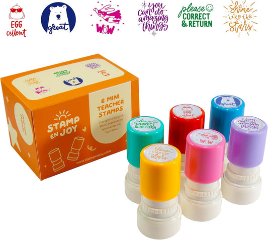 6 Self-Ink Flash Stamp Set, Multicolor Teacher Stamps for Classroom, Stamps for Teachers, Pre-Inked, Refillable Stamps (Celebration Set)