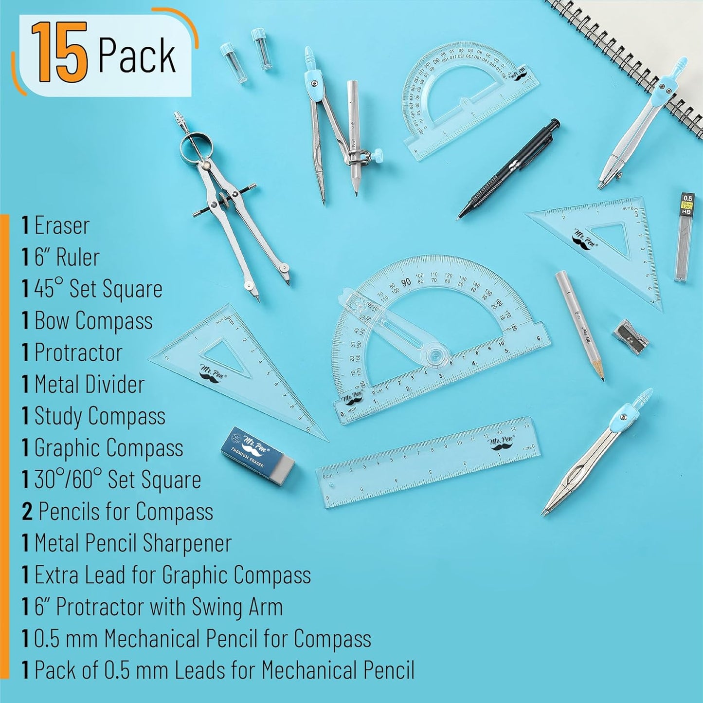 Mr. Pen- Geometry Set, 15 pcs, Light Blue, 6 Inch Swing Arm Protractor, Divider, Set Squares, Ruler, Compasses and Protractor