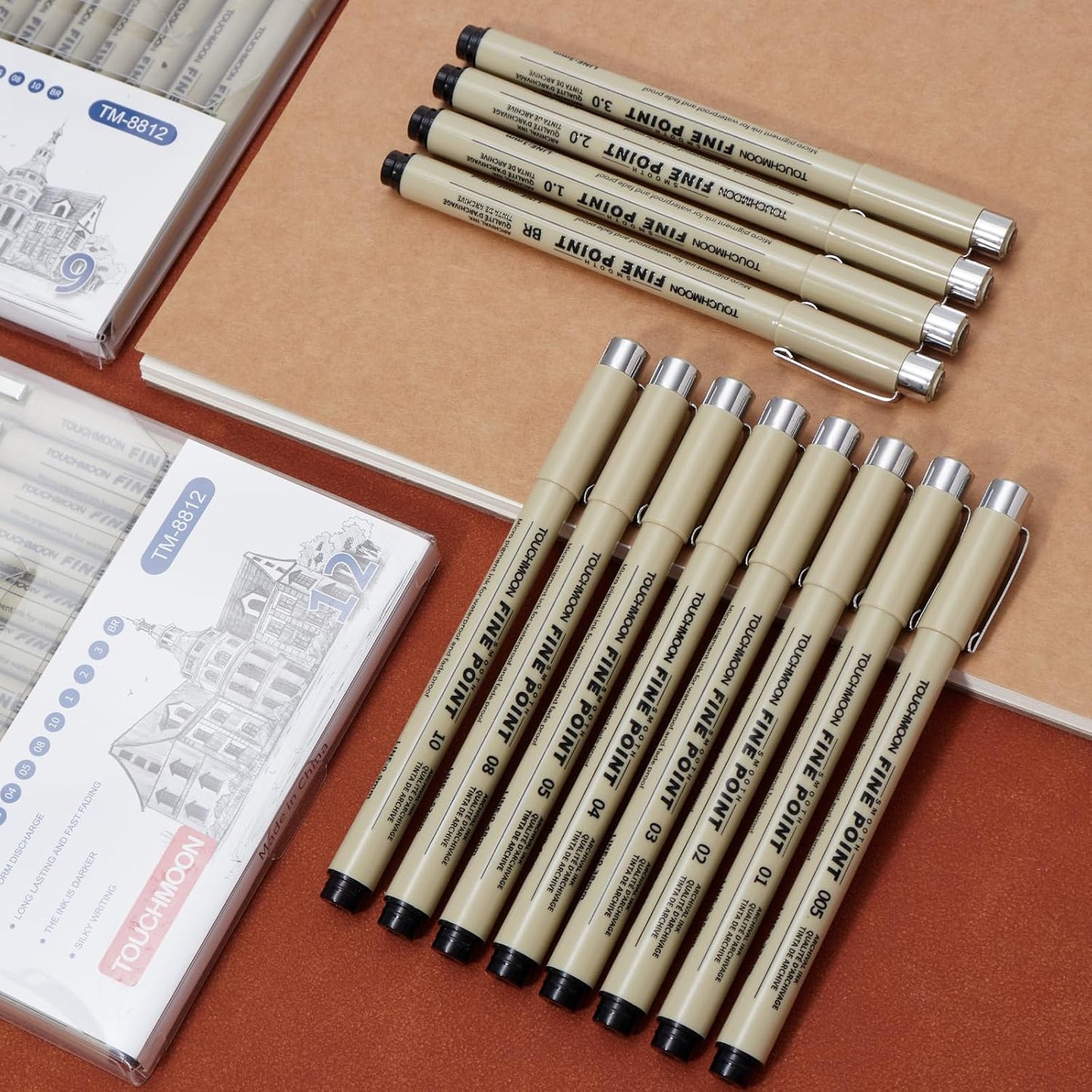 9 Pack Fineliner Drawing Pens – Black Waterproof Micro Line Ink Pens with Assorted Tip Sizes (005 to BR) for Manga, Sketching, Journaling & Technical Illustration