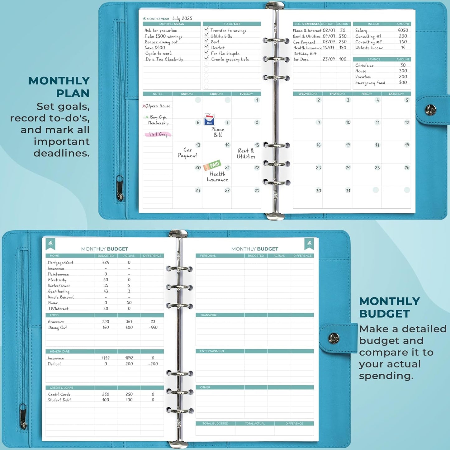 Clever Fox Budget Planner Binder – Monthly Financial Organizer Book with Pockets, Bill Tracker, Expense Tracker & Cash Envelopes – Undated Finance Journal for Budgeting – 7″ x 9″ (Turquoise)
