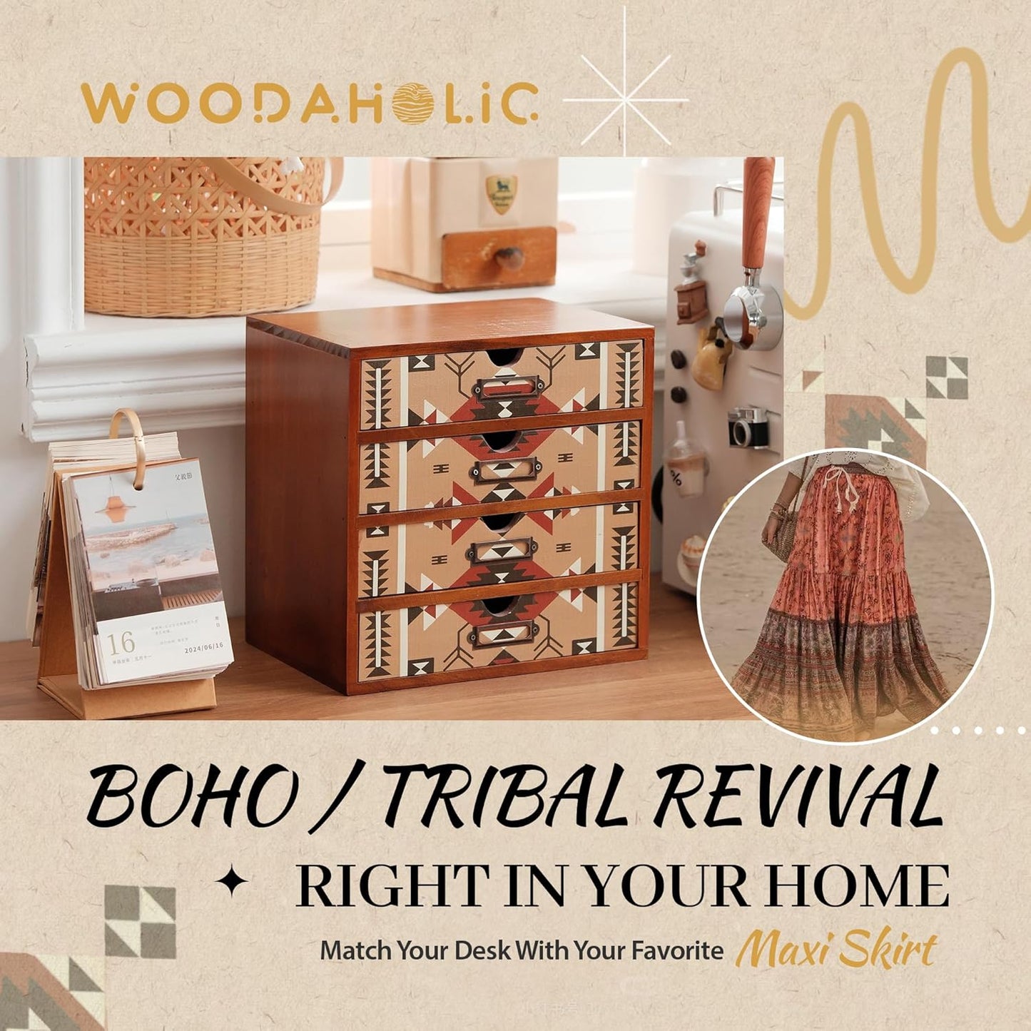 Boho Navajo Wooden Desk Organizer with Drawers – 4-Drawer Desktop Storage Box – Rustic Tribal Wood Desk Organizer for Office, Vanity, or Craft Supplies – Compact & Stylish Wooden Storage Drawers