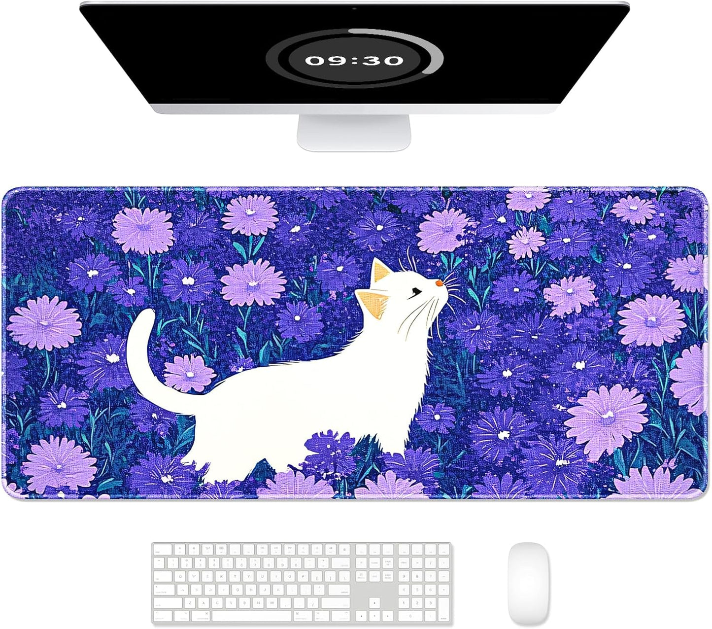 Auhoahsil Large Gaming Mouse Pad, Cute Cat XXL 35.4 x 15.7 in Desk Pad Stitched Non-Slip Rubber Long Computer Mousepad Thin Extended Full Size Desk Mat for Desktop, Laptop, Wireless Mice, Purple