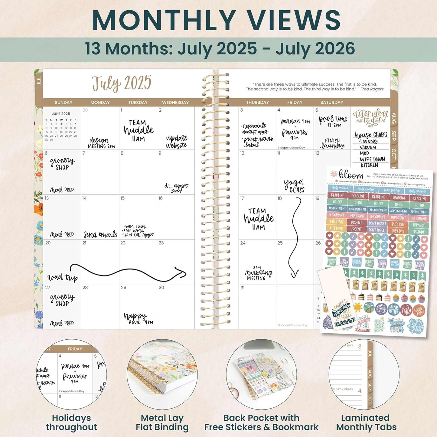 bloom daily planners 2025-2026 Academic Year Daily Planner (July 2025 - July 2026) - A5 Weekly & Monthly Calendar, Cute Floral Agenda Organizer Book with Stickers - 5.5" x 8.25" - Garden Party, Beige