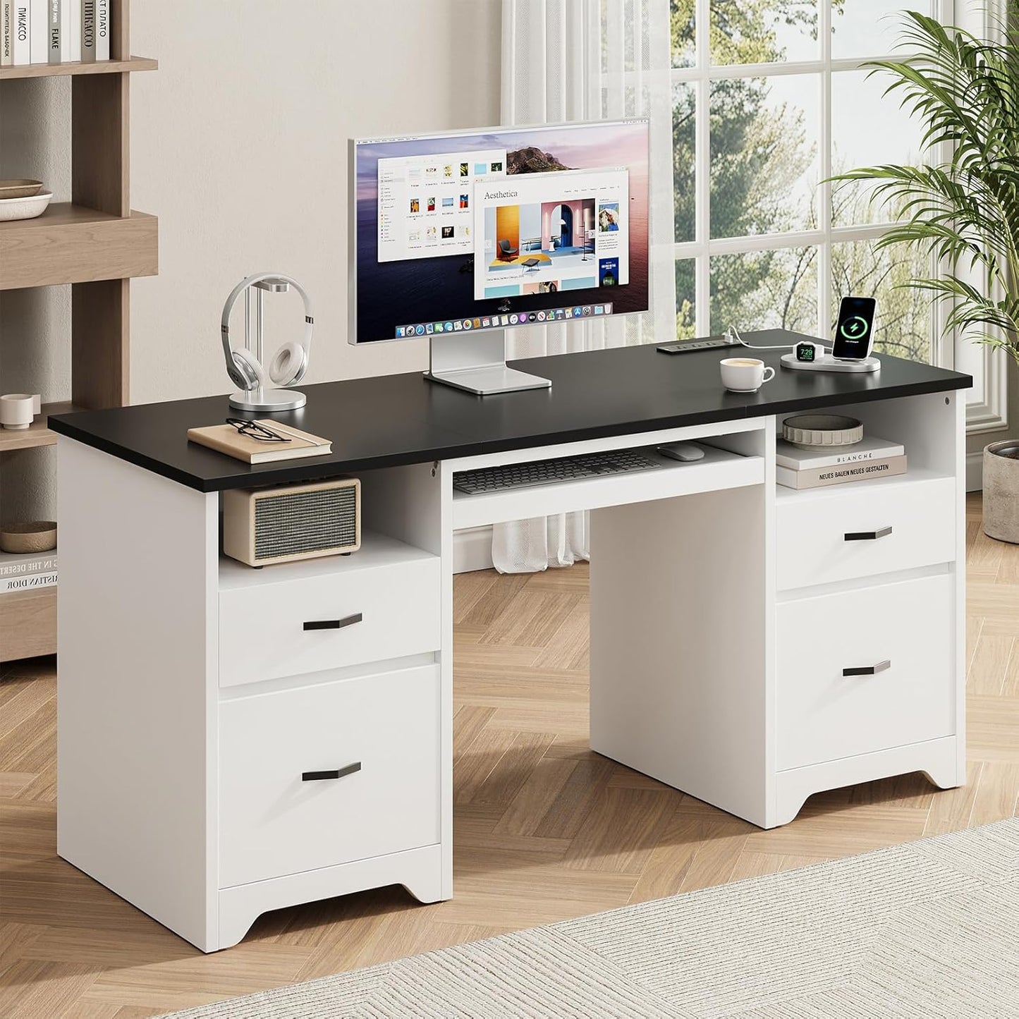 Bestier 59” Computer Desk with 4 Drawers, Office Desk with Storage, Modern Executive Desk with Charging Station, Keyboard Tray & Wooden Pedestals on Both Sides for Home Office & Studio, White