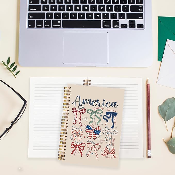 BearCake America Patriotic Christian Notebook Journal, Retro Coquette Red White Blue Bow Prayer Journal for Women, 4th of July Bow Religious Hardcover Spiral Notebook 5.5x8.3