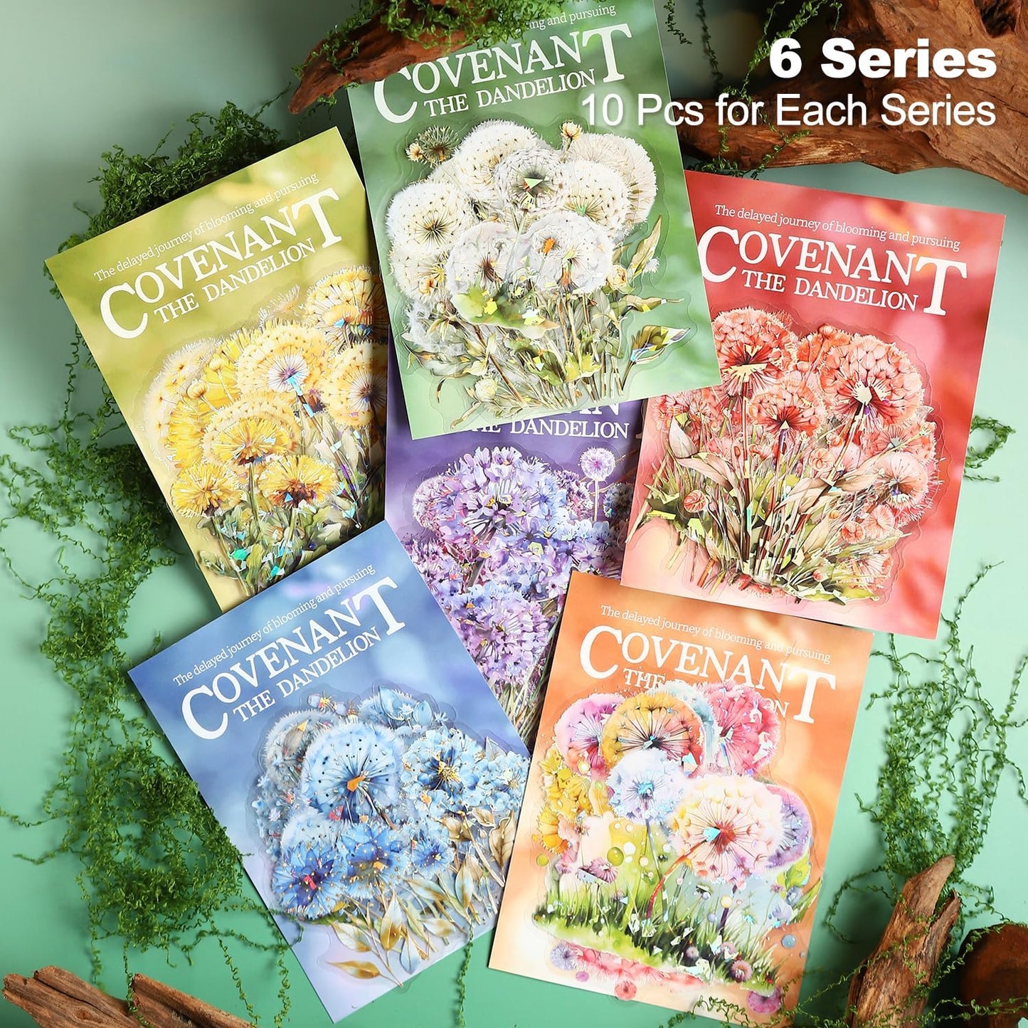 Dandelion Floral PET Stickers Set, 60PCS Holographic Botanical Flower Stickers for Scrapbooking, Journaling, DIY Crafts, and Art Supplies