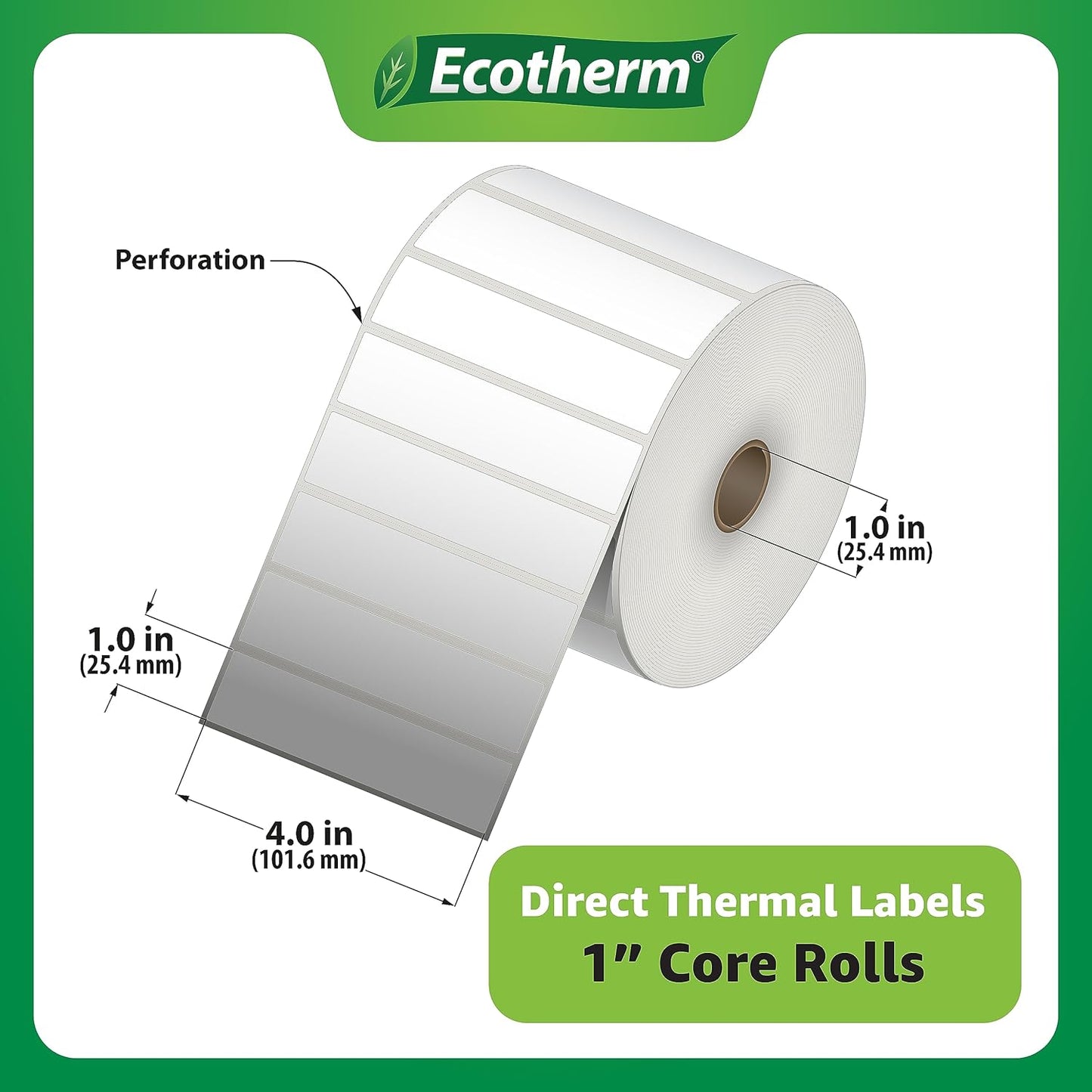 4" x 1" Thermal Labels | 6 Rolls | 15000 Labels | fits Zebra, Munbyn, Rollo, Godex, Arkscan, iDPRT, Offnova Thermal Label Printers and More | Blank White Adhesive Stickers by Ecotherm