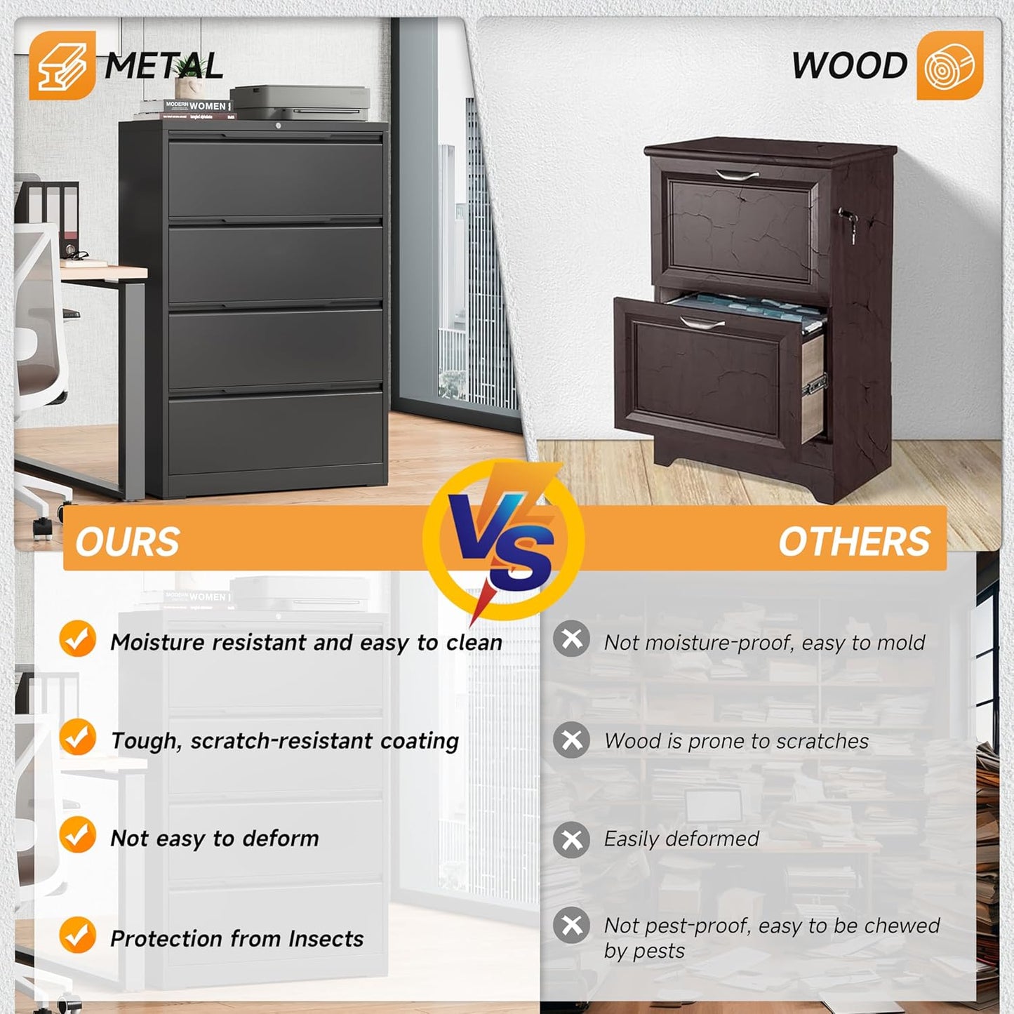 4 Drawer Lateral File Cabinet, Metal Lateral Filing Cabinet with Lock for Hanging Files Letter/Legal/F4/A4 Size, Easy Assemble Black