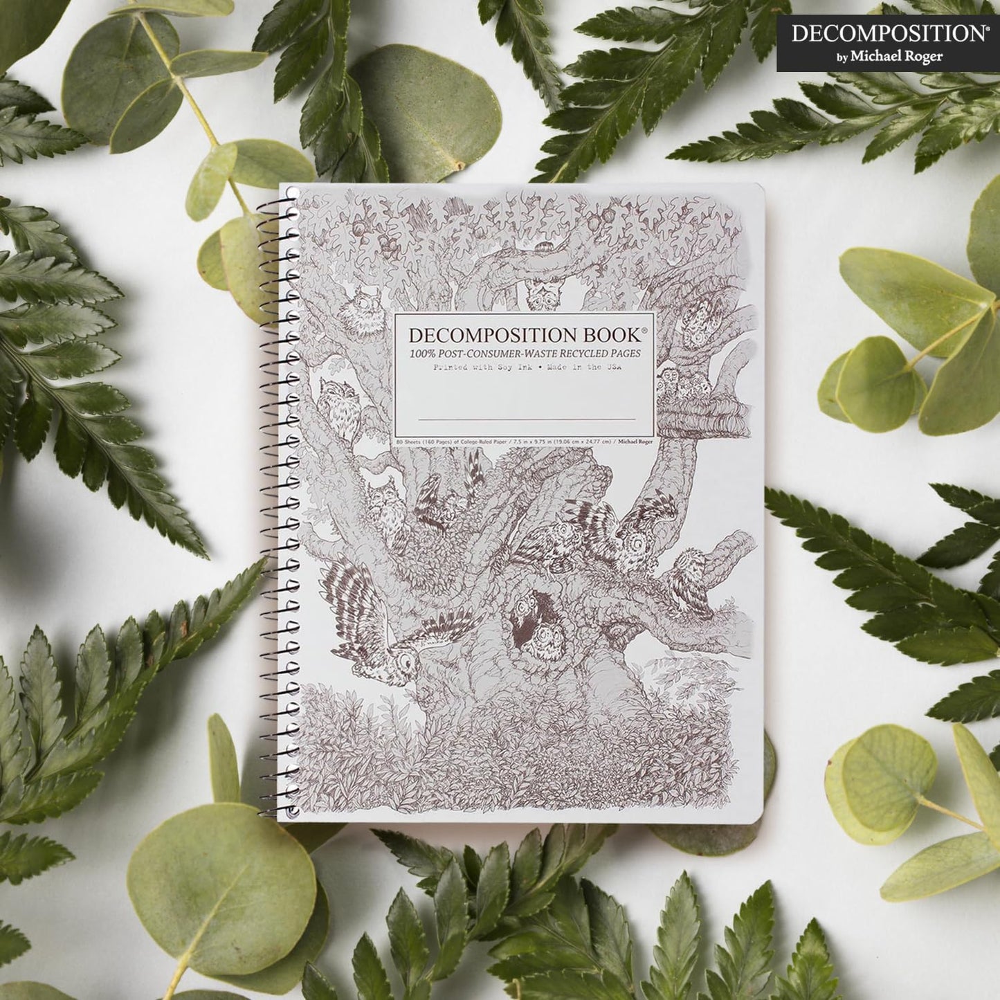 Decomposition Screech Owls College Ruled Spiral Notebook - 9.75 x 7.5 Journal with 160 Lined Pages - 100% Recycled Paper - Cute Notebooks for School Supplies, Home & Office - Made in USA