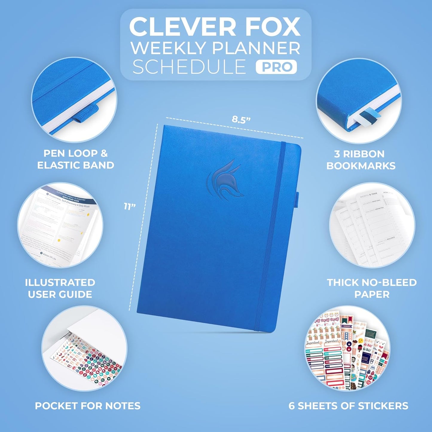 Clever Fox Planner PRO Schedule – Undated Weekly & Monthly Life Planner with Time Slots, Appointment Book & Daily Organizer, A4 (Blue)