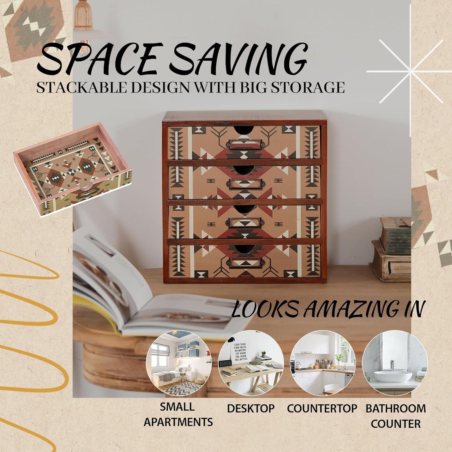 Boho Navajo Wooden Desk Organizer with Drawers – 4-Drawer Desktop Storage Box – Rustic Tribal Wood Desk Organizer for Office, Vanity, or Craft Supplies – Compact & Stylish Wooden Storage Drawers