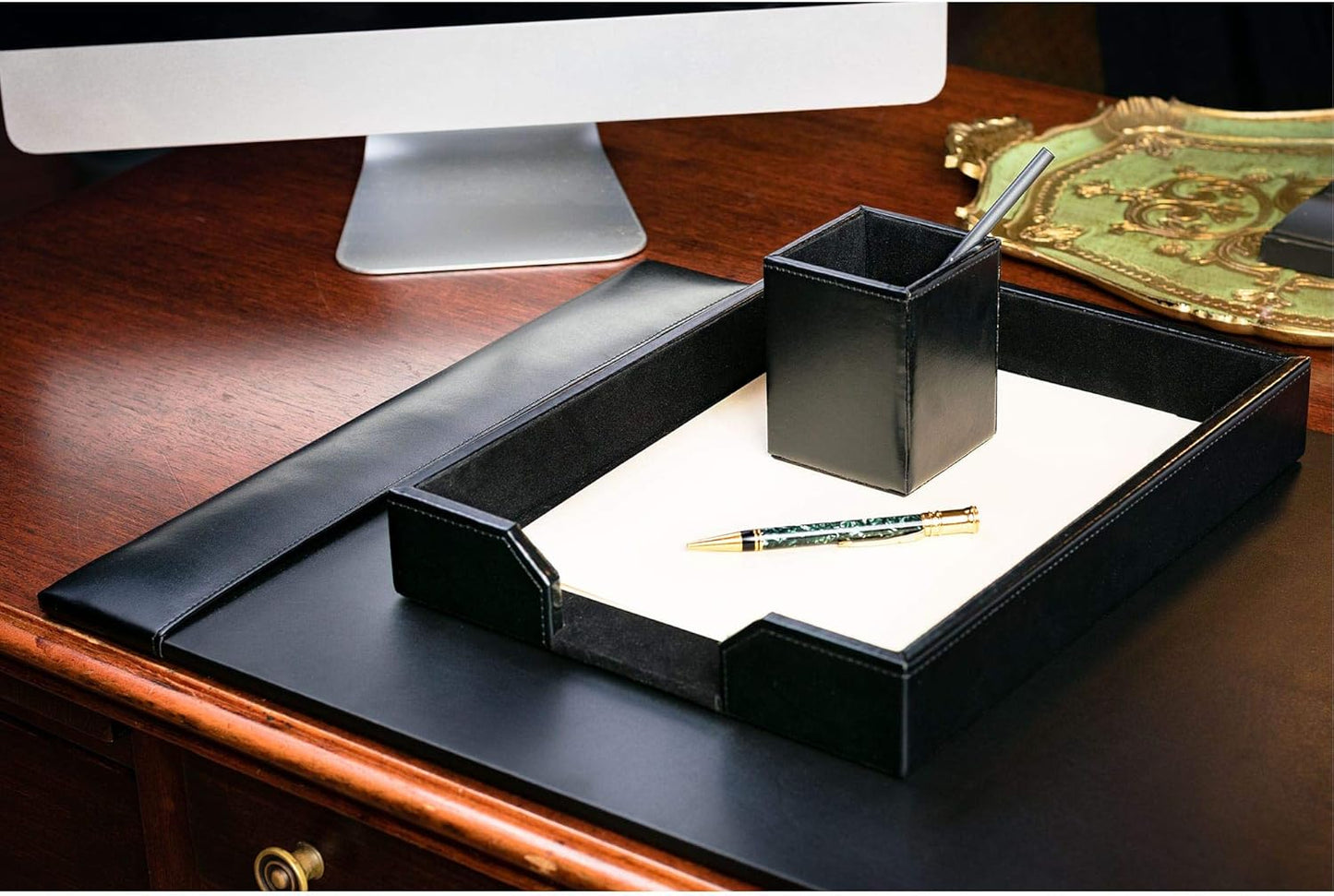 Dacasso Bonded Set Luxury Leather Desk Pad & Desk Organization Essentials, 3 Piece, Black