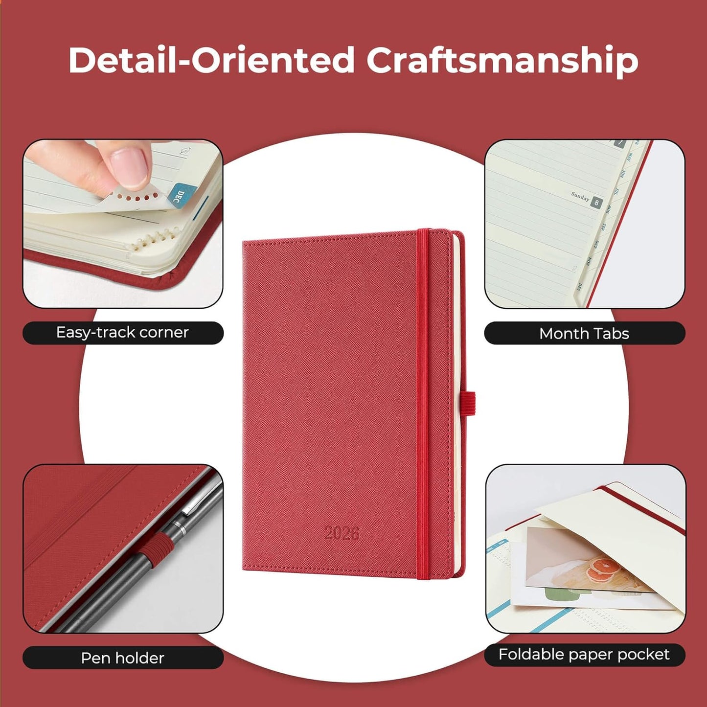 IN-LUXPRO Weekly Monthly 2026 Planner (Jan.26-Dec.26),8.5"x6.5",12 Months Agenda Plan with Month Tabs & Pocket,Expenses/Note Pages, Appointment Book Calendar with Hardcover Vegan Leather Cover,Red