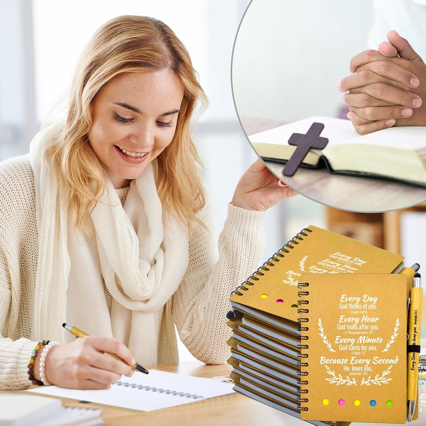 60 Pcs Bulk Fathers Day Christian Gifts Prayer Journal for Woman - 30 Set Religious Notepad with Christian Pen - Bible Notebook - Church Gifts for Inspirational, Bible Study, Devotions ( Brown )