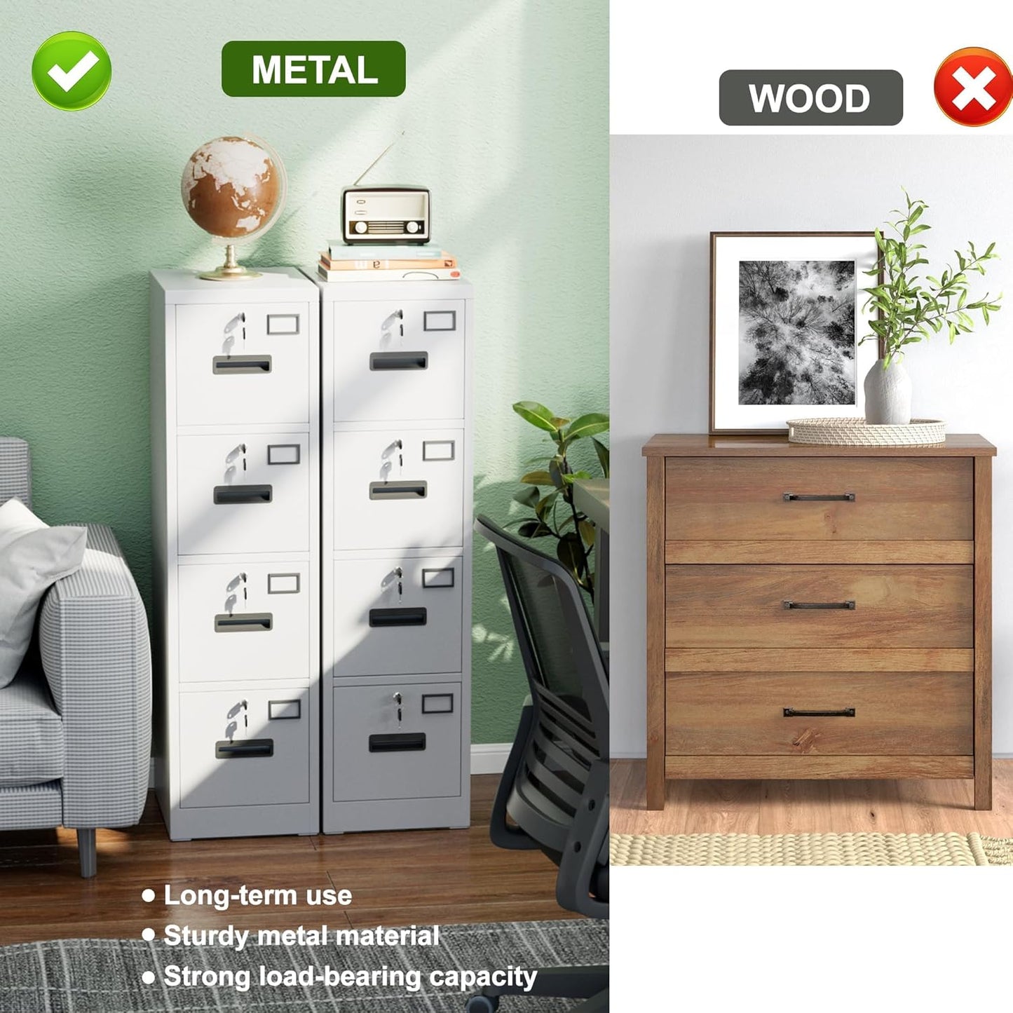 Aobabo 4 Drawer File Cabinet, Metal Filing Cabinet with Lock, Suitable for Home Office School Hanging Files Letter/Legal/A4 Size,White,Required-Assembly,17.72" D x 14.96" W x 55.2" H