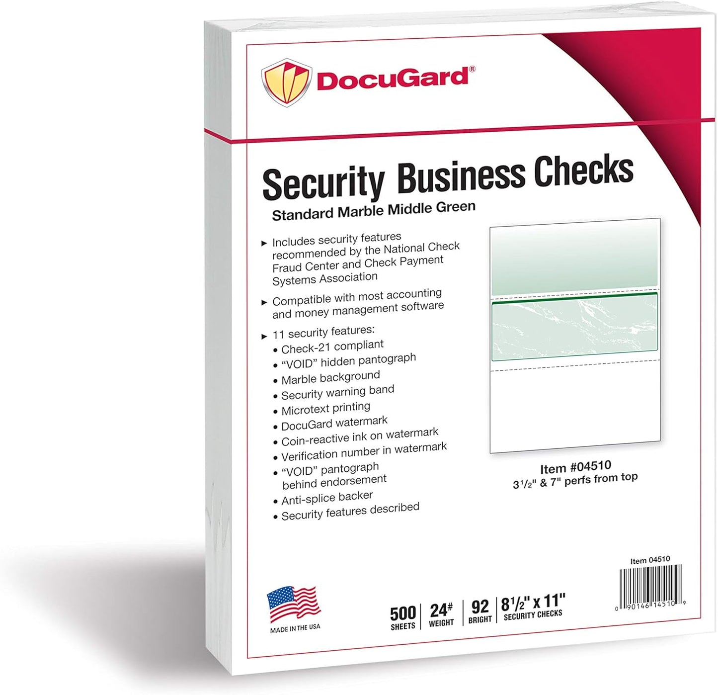 DocuGard Standard Green Marble Middle High Security Check Paper - QuickBooks & Laser/Inkjet Printer Compatible - 11 Security Features - 500 Blank Business Checks (04510)